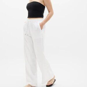 Athleta RETREAT White Linen Pants Size LARGE High Rise Wide Leg with Inseam Slit